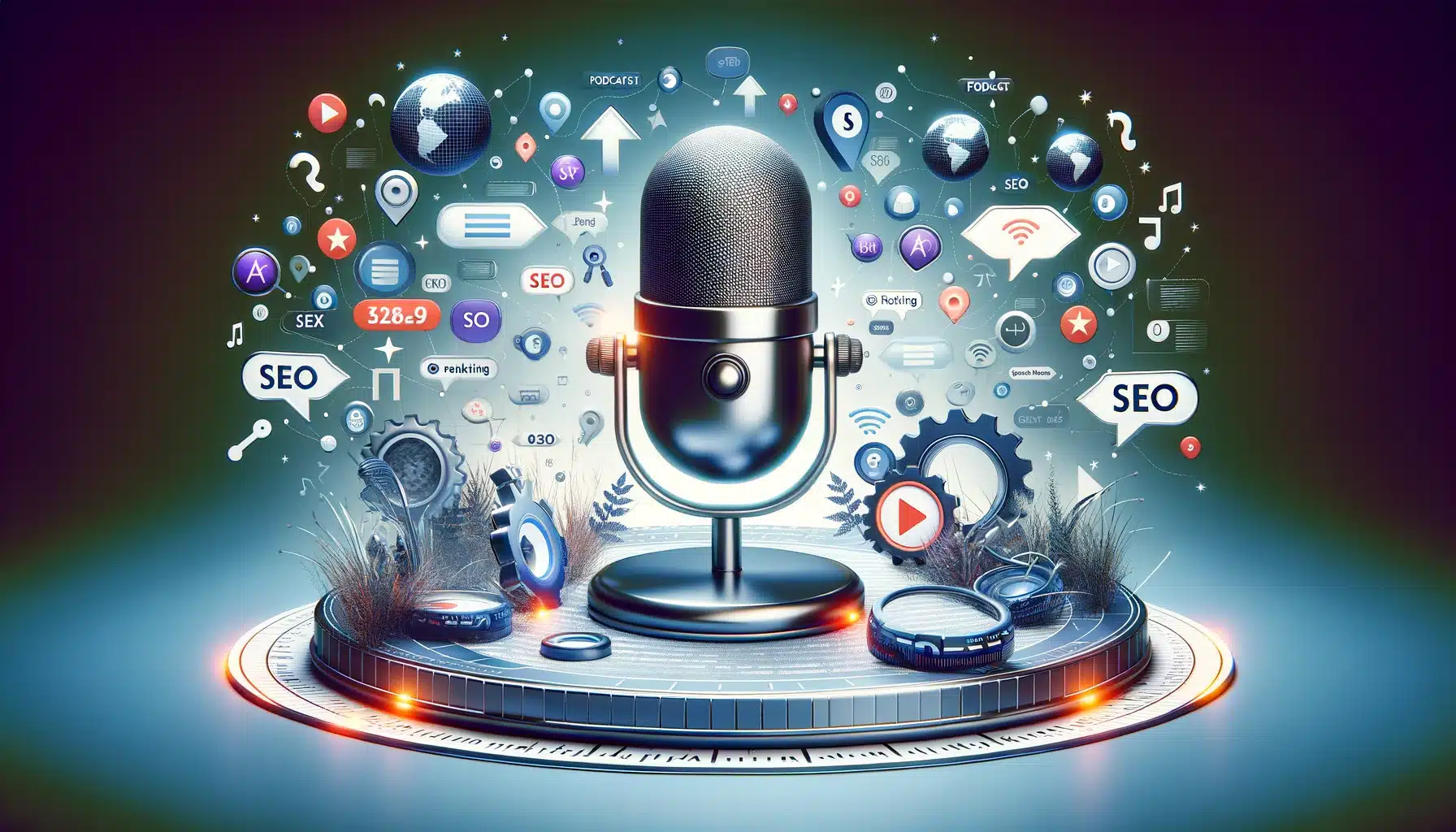 Podcast-Mikrofon umgeben von SEO-Symbolen wie Suchergebnisseiten, Ranking-Pfeilen und Schlüsselwörtern.