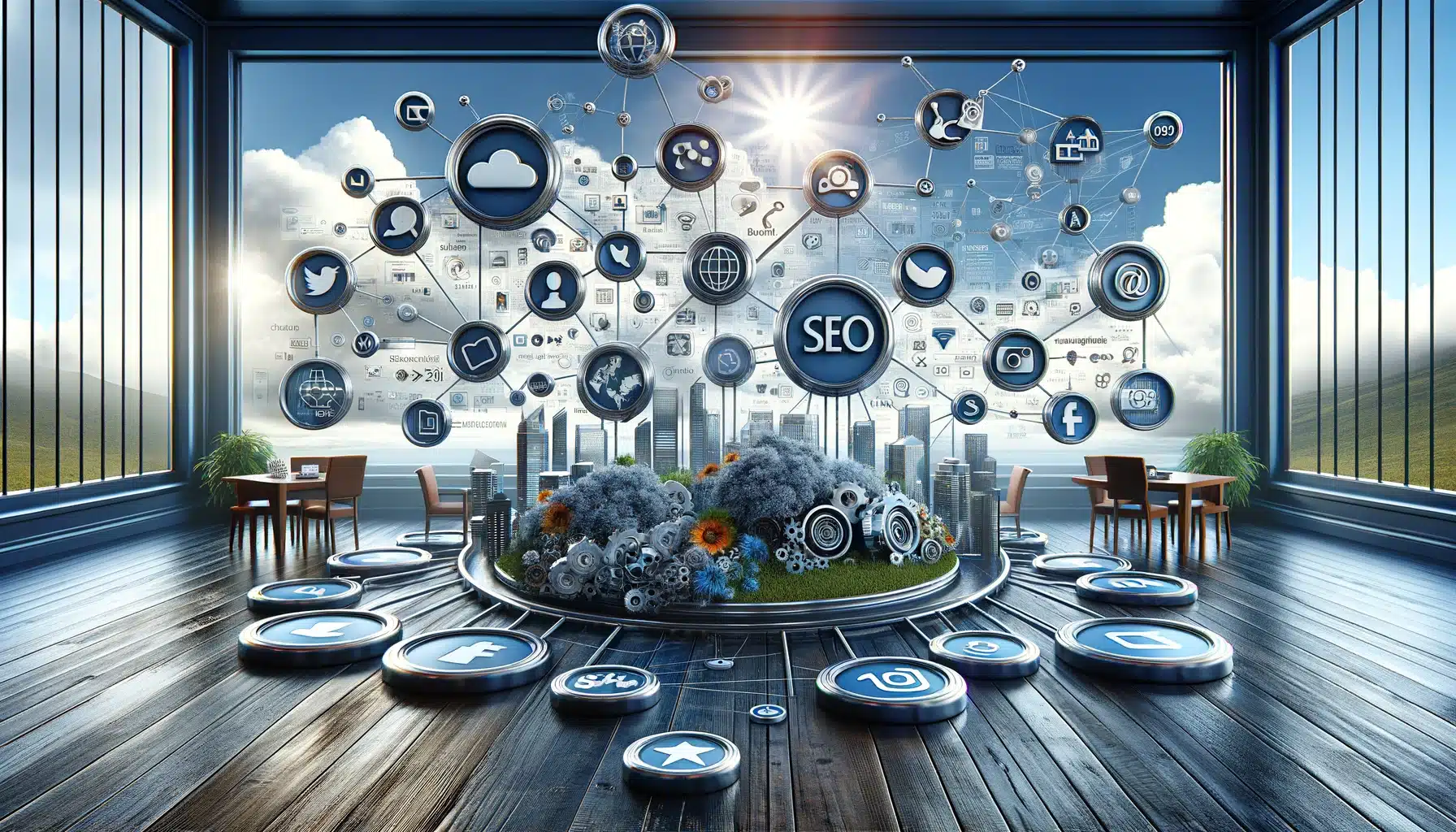 Symbole sozialer Medien verbunden mit SEO-Elementen wie Keywords, Suchmaschinenrankings und Backlinks.