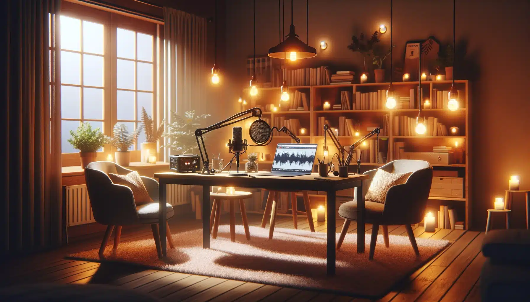 Gemütliches Podcast-Aufnahmestudio mit warmen Licht, bequemen Sesseln, einem Mikrofon auf einem Holztisch und einem Laptop mit Podcast-Bearbeitungssoftware.