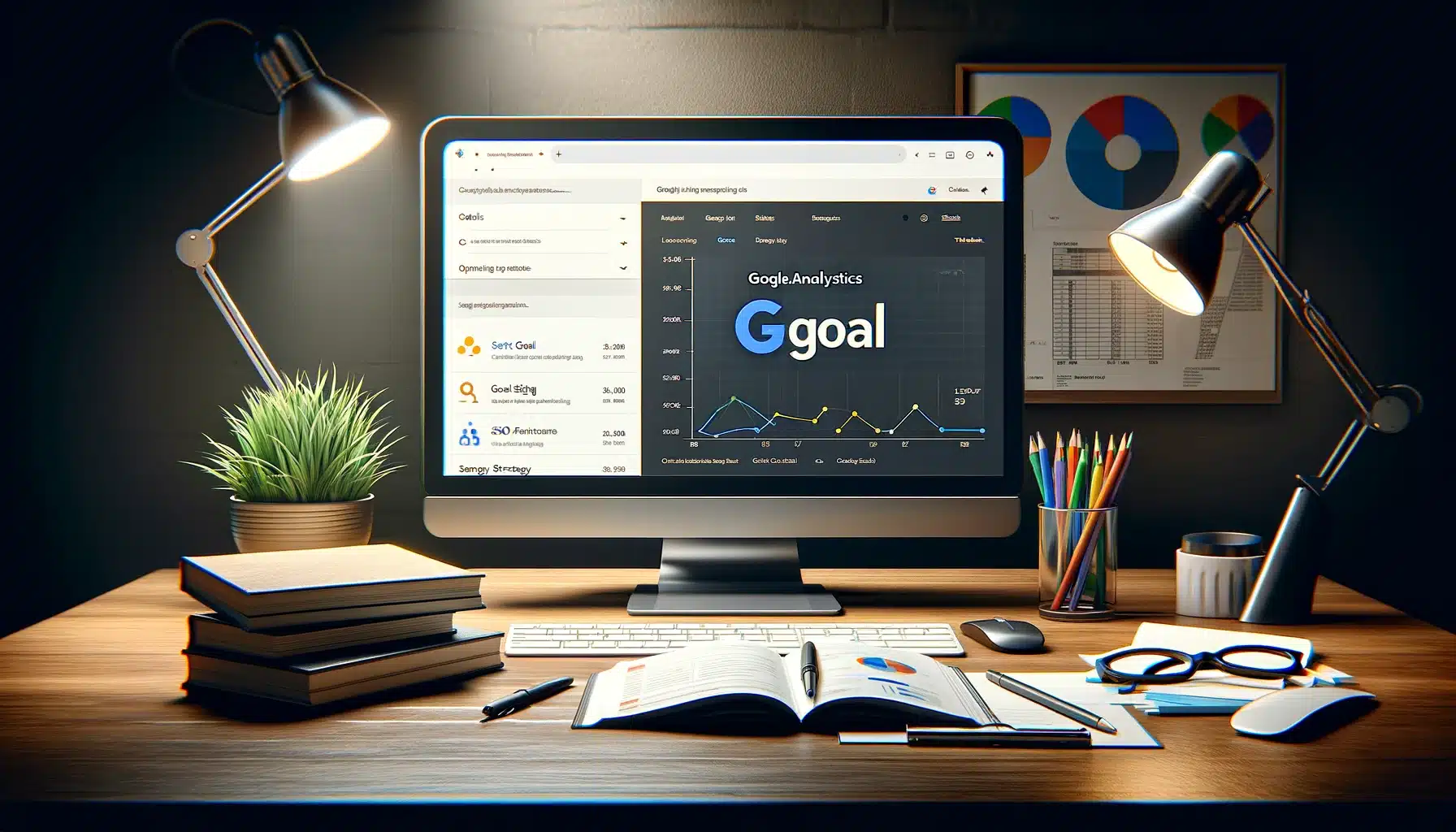 Google Analytics Dashboard mit Zielsetzungsfunktion und SEO-Strategiedokumenten
